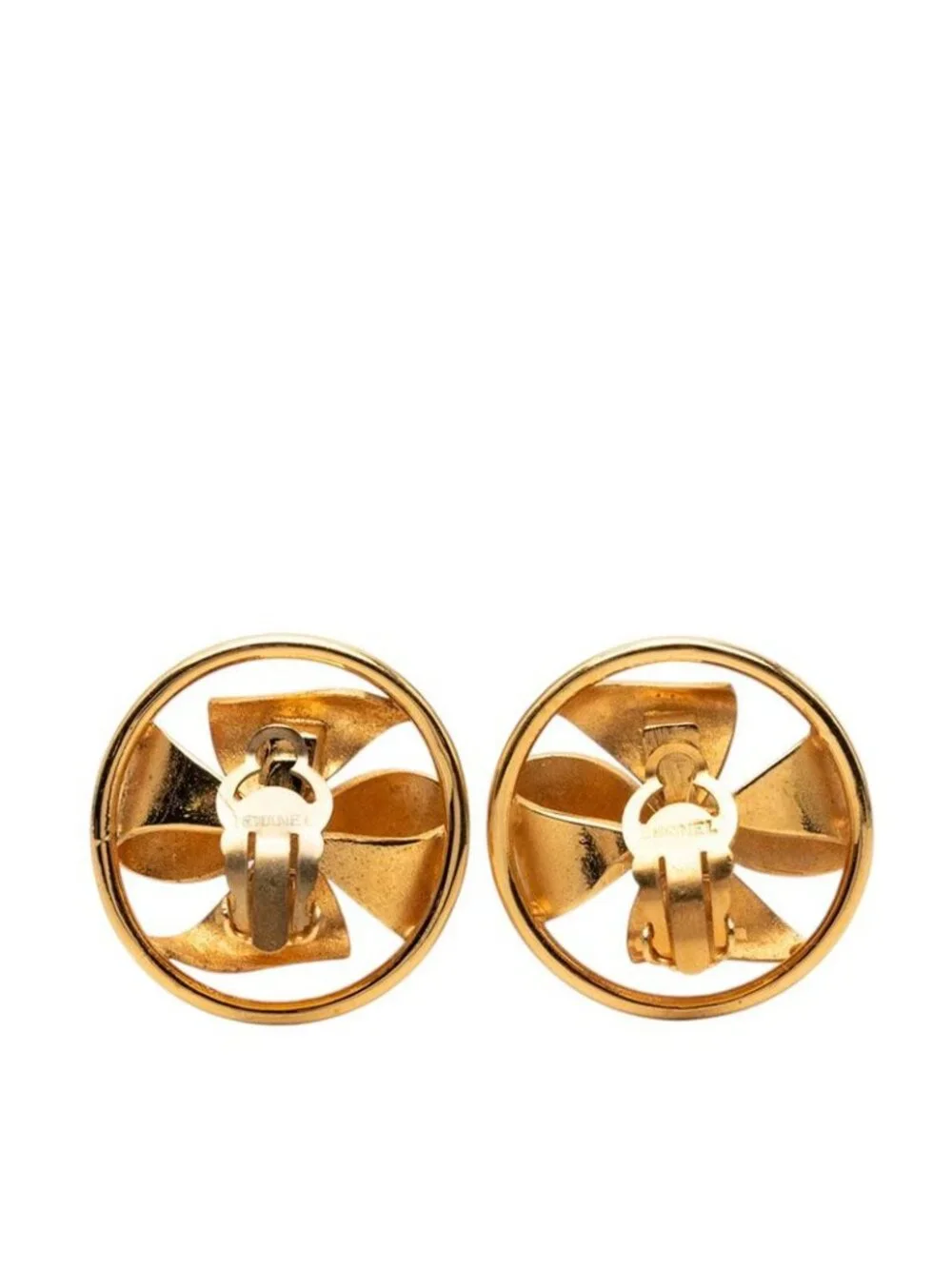 Chanel CC Logo Ribbon Round Earrings Gold Plated Faux Pearl